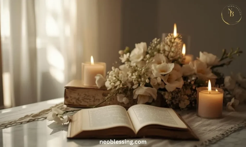 Home altar with prayer and candles