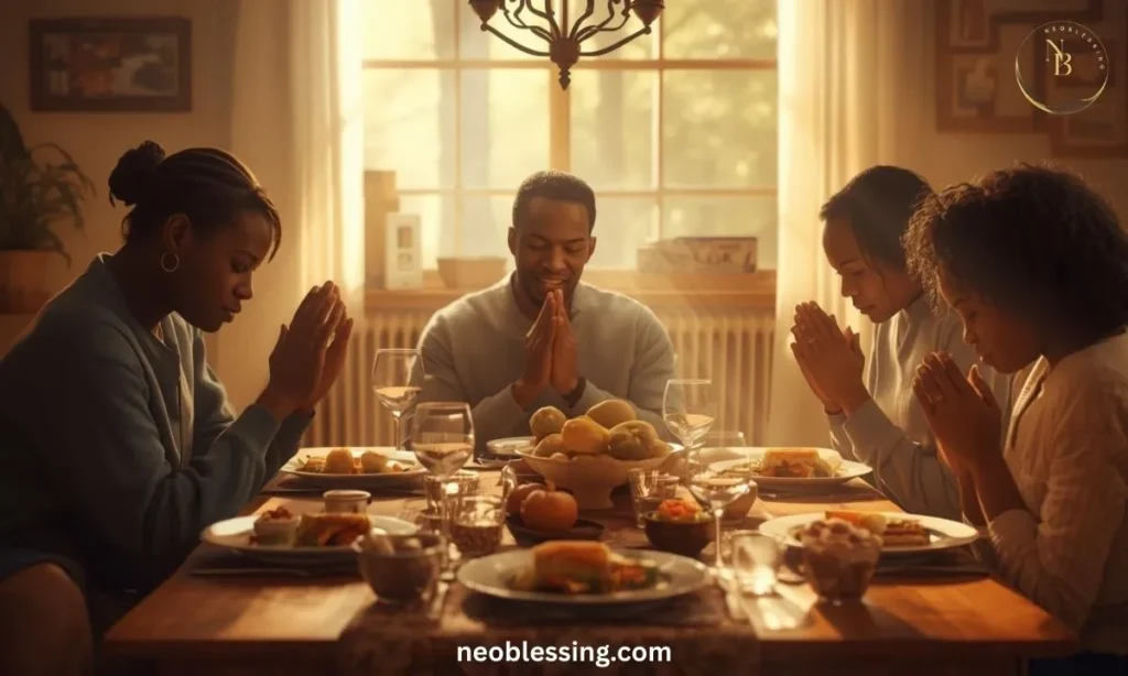 Family giving thanks at table