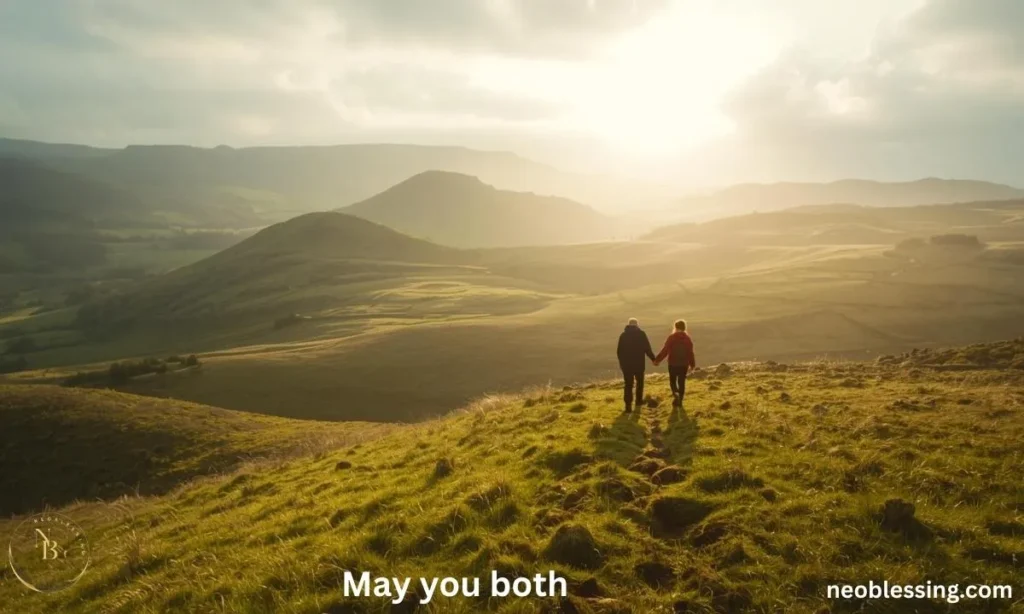 Couple walking on green hills