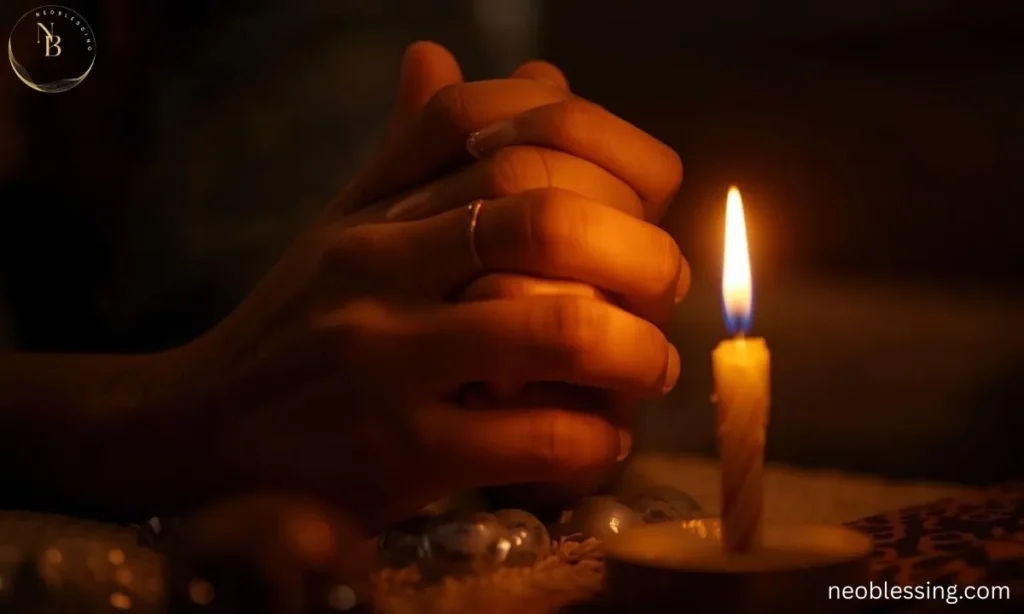 Hands praying near candle
