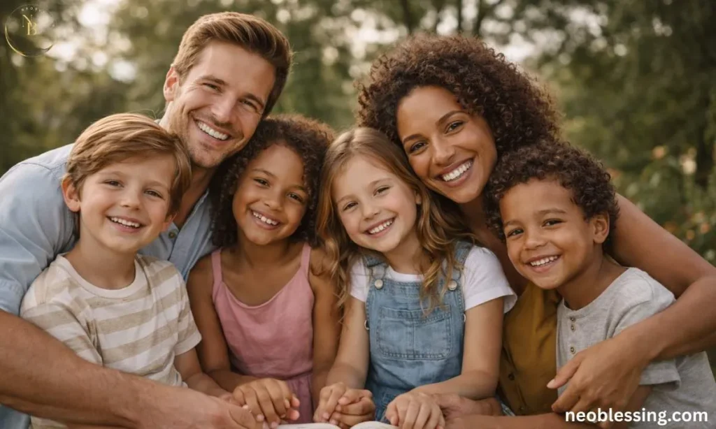 Blended family smiling together outdoors