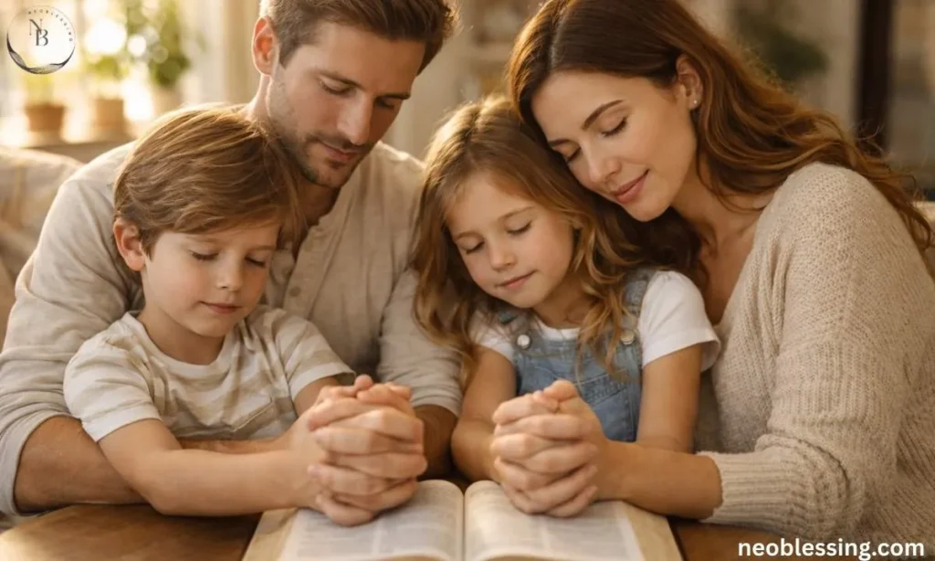 Family praying together with Bible