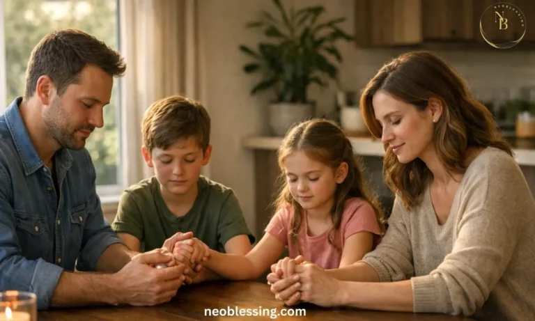 Family praying together at home peacefully